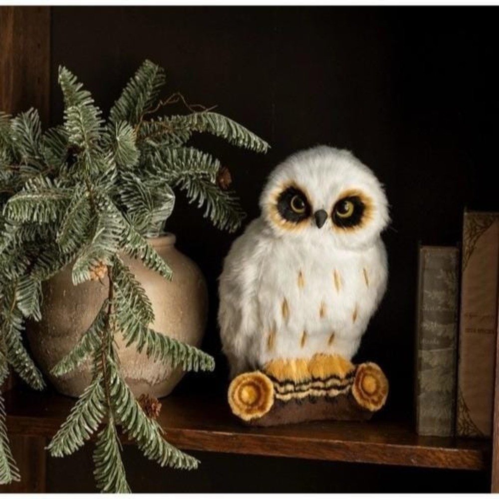 Ragon House 10.5" White Snowy Owl on Log Figurine Plush‎ Fur New with Tag
